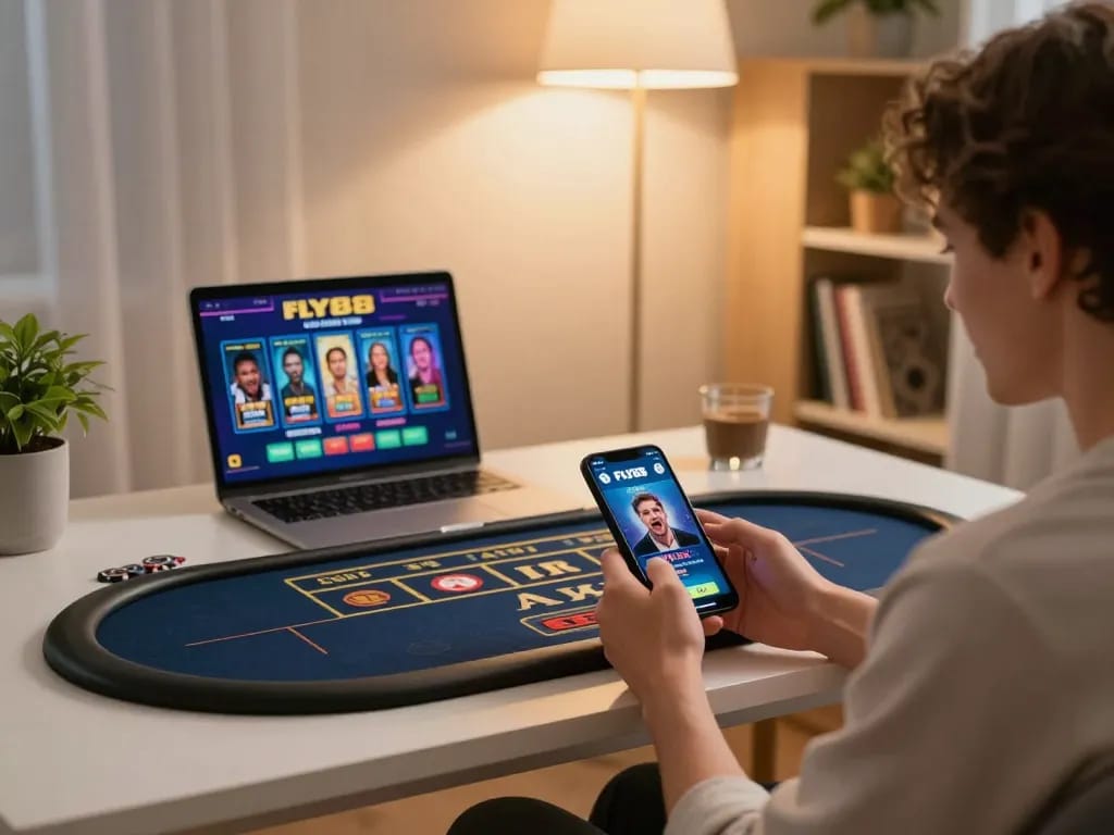 Engaging with the FLY88 casino app in a cozy home gaming setup.