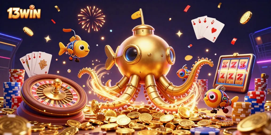 Experience thrilling gameplay at 13WIN with a golden kraken submarine amidst cascading coins.