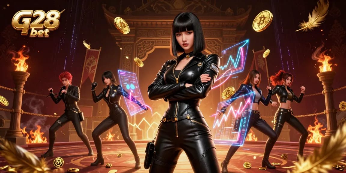 Engage in thrilling G28 bet experiences with vibrant casino elements and dynamic characters.
