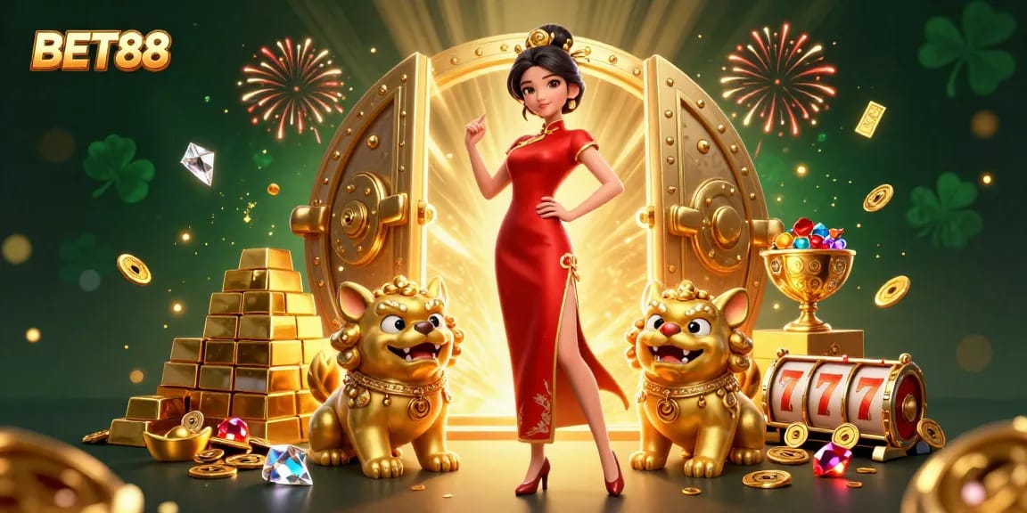 Win big with BET88: a glamorous casino scene with gold treasures and lucky slot reels.