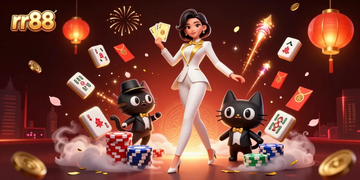 Experience thrilling gameplay with rr88 – glamorous woman shuffling cards beside a stylish cat.