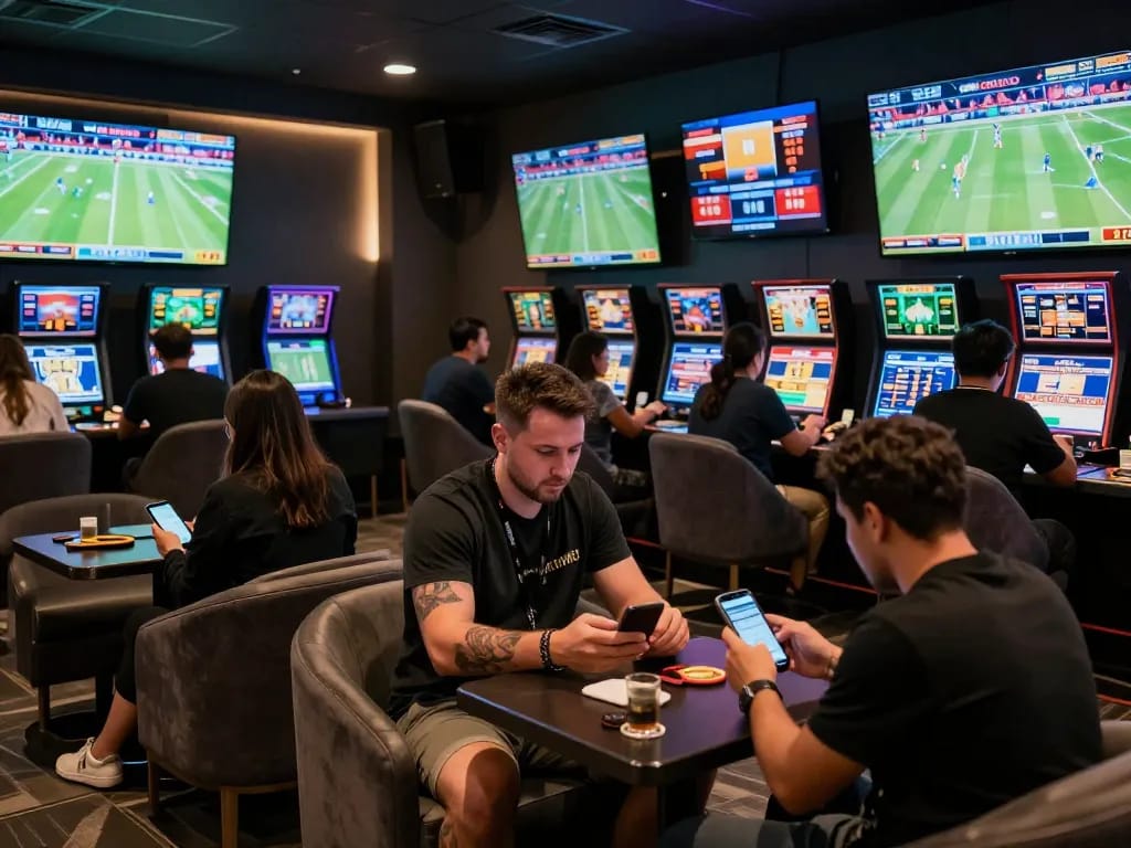 Placing bets at the stylish sports betting lounge at https://da88at.com/, showcasing excitement and modern decor.