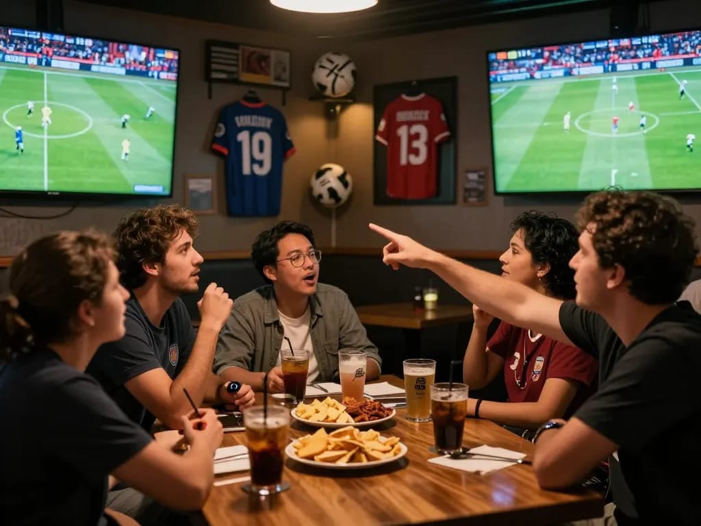 Football fans at a vibrant sports bar enjoying live matches while discussing 1gom predictions.