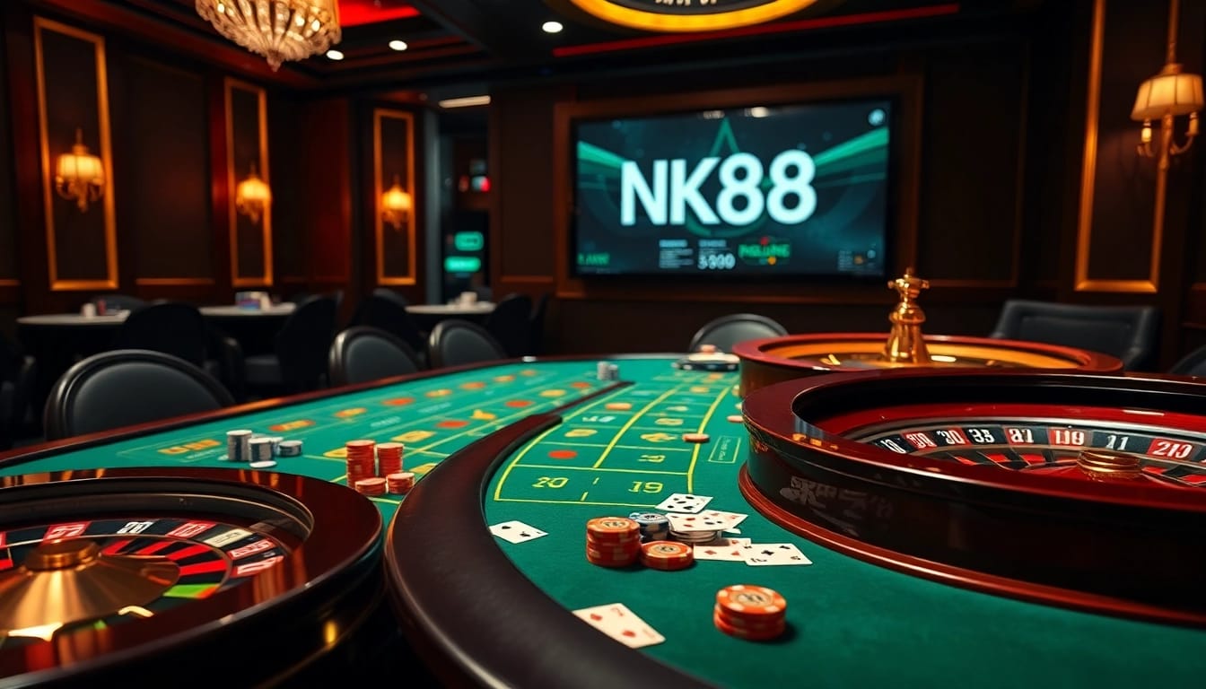 NK88 online casino showcasing luxurious tables, vibrant chips, and engaging gameplay.