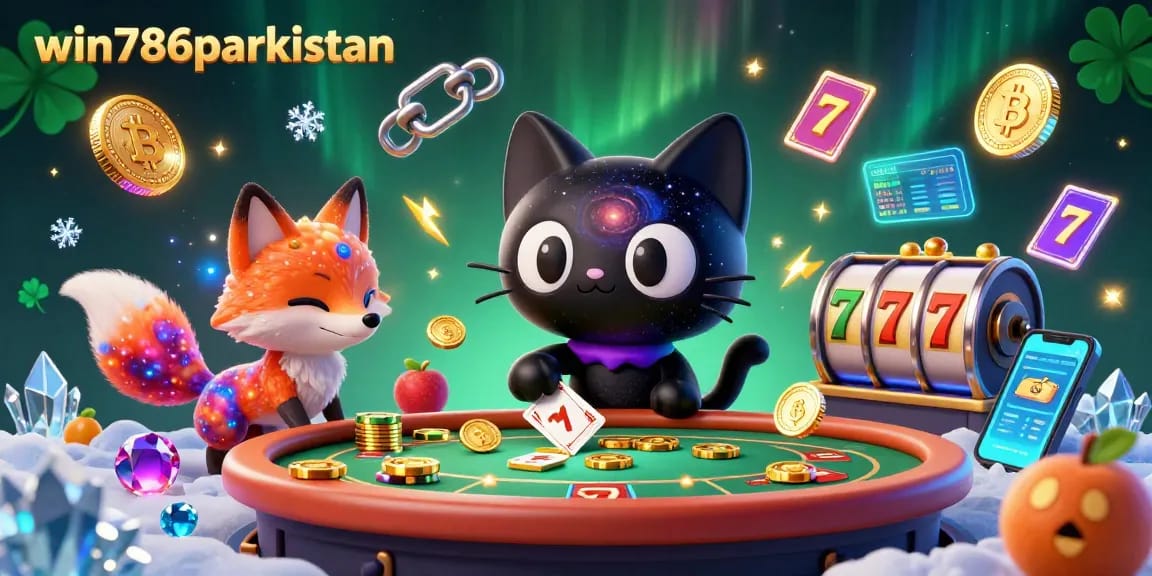 Engage with win786parkistan's vibrant 3D casino scene featuring a cosmic black hole cat and colorful nebula fox.