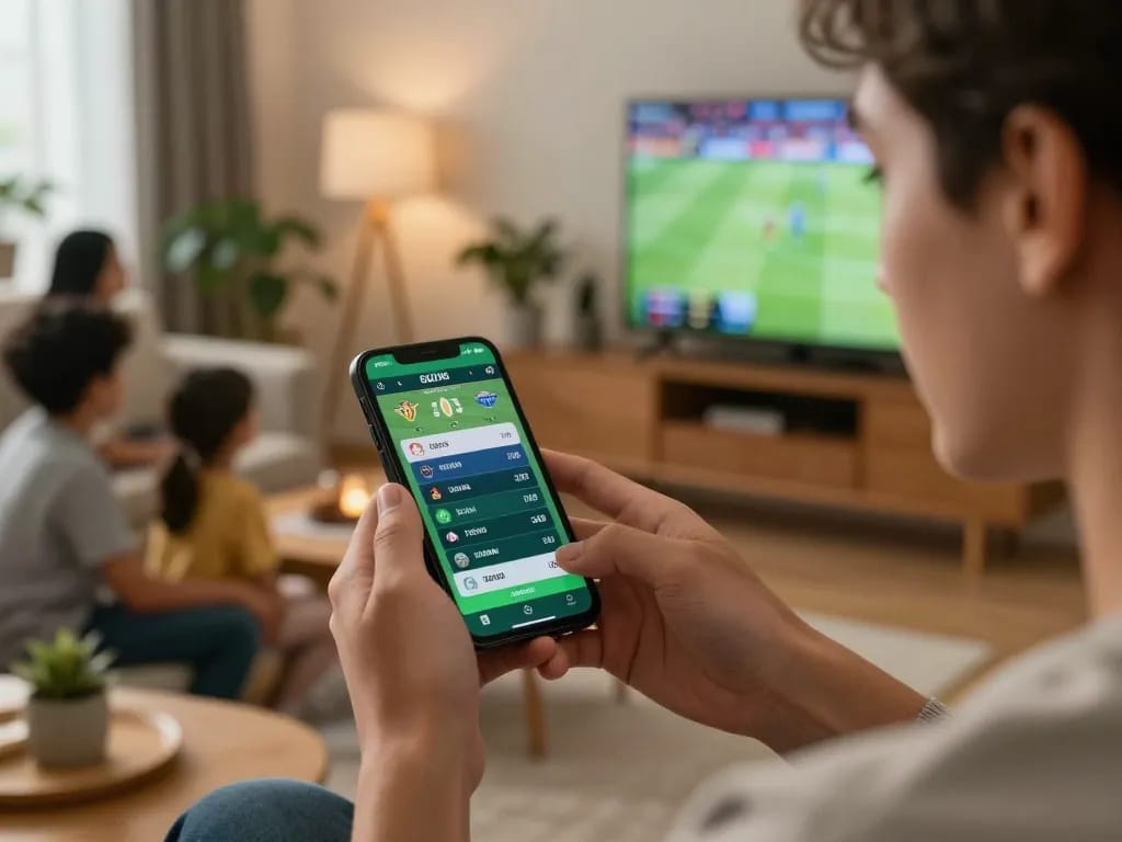 Engaging hands using a smartphone for keo nha cai while watching a live sports match.