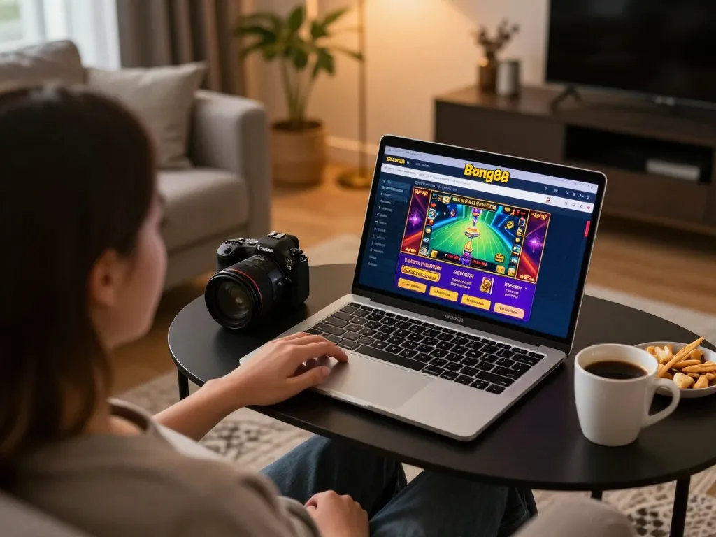 Bong88 online gaming experience with a user engaging on a laptop in a cozy home setting.