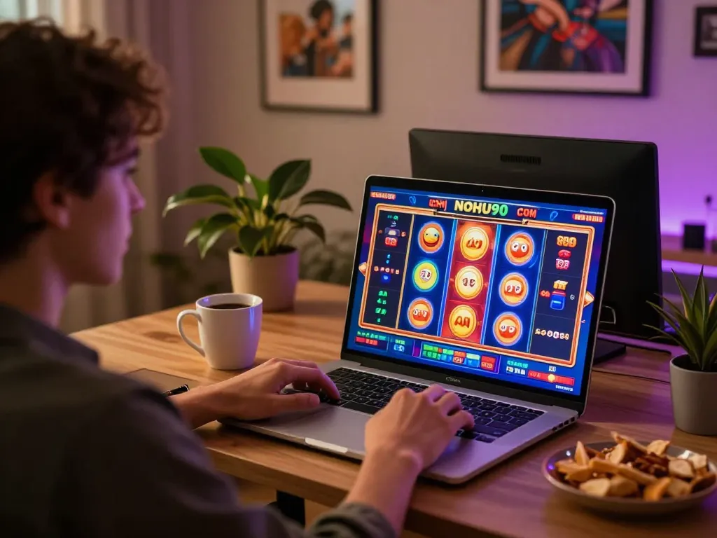 Engaging with slot games on NOHU90 COM during a cozy home gaming session.