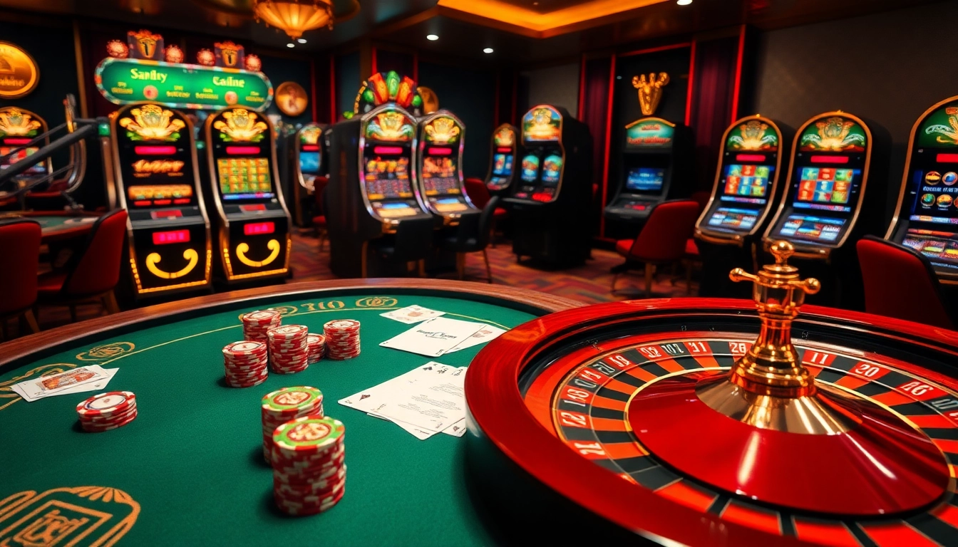 A vibrant poker scene showcasing high-stakes action with elements from https://n188.bid/, featuring luxurious chips, cards, and a roulette wheel.