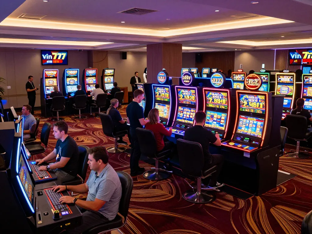 Engaged players experiencing the excitement of vin777 gaming floors with vibrant slot machines.