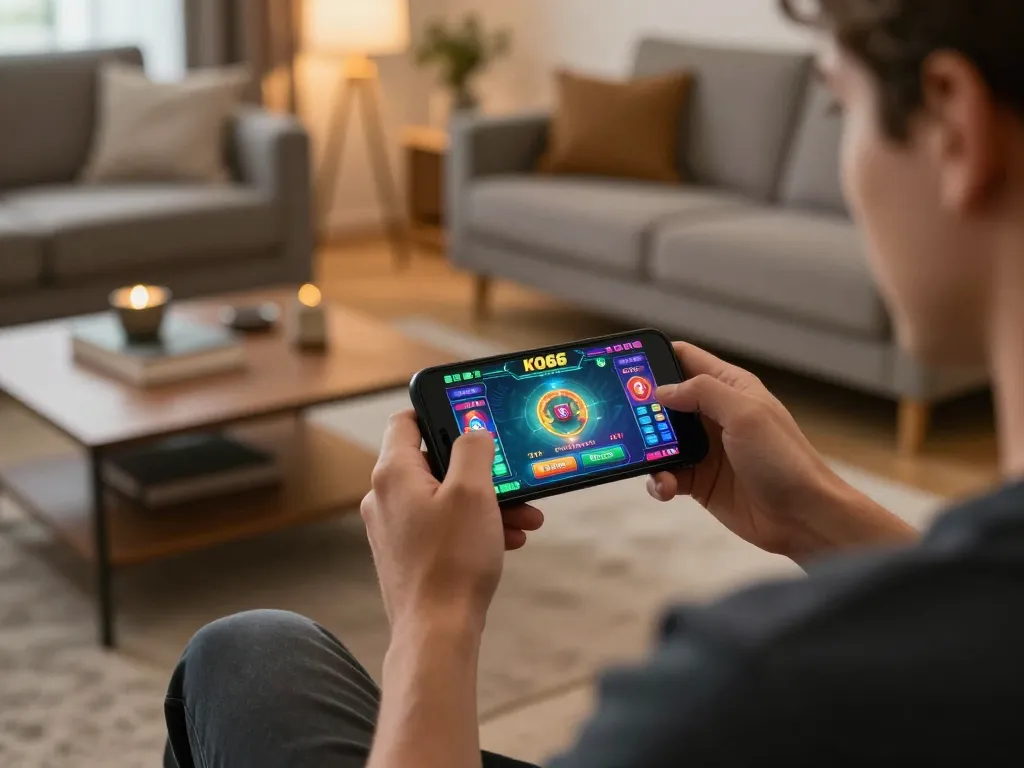 Engaged player examines betting options on KO66 casino mobile app in a cozy home setting