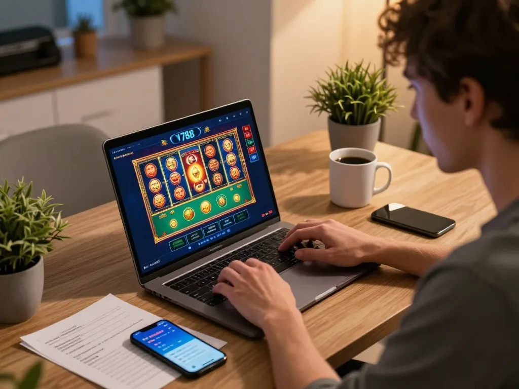 A player engaging with the V788 casino app on a laptop, showcasing online gambling strategy in a cozy home setting.
