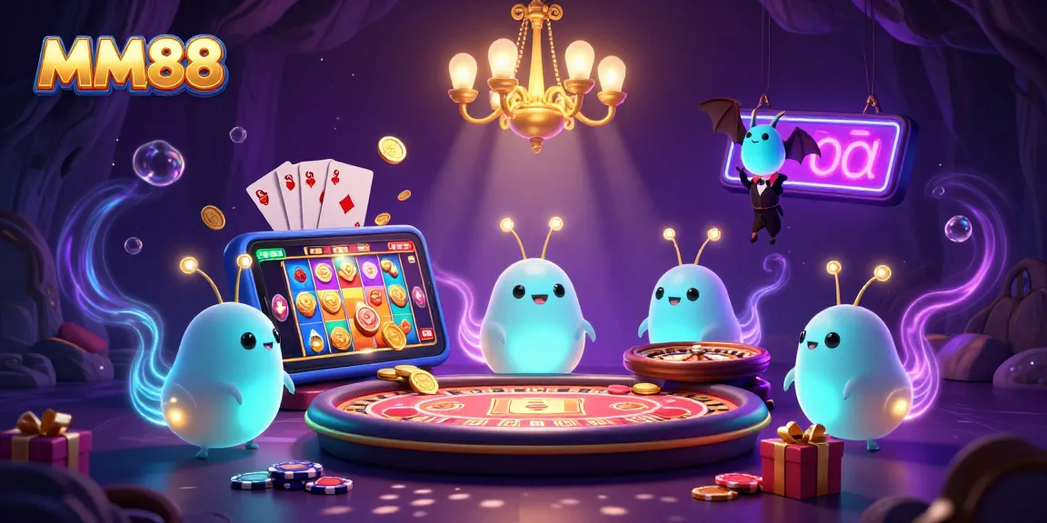 Experience the MM88 cave casino illuminated by glowworms, showcasing thrilling slot games and vibrant casino elements.