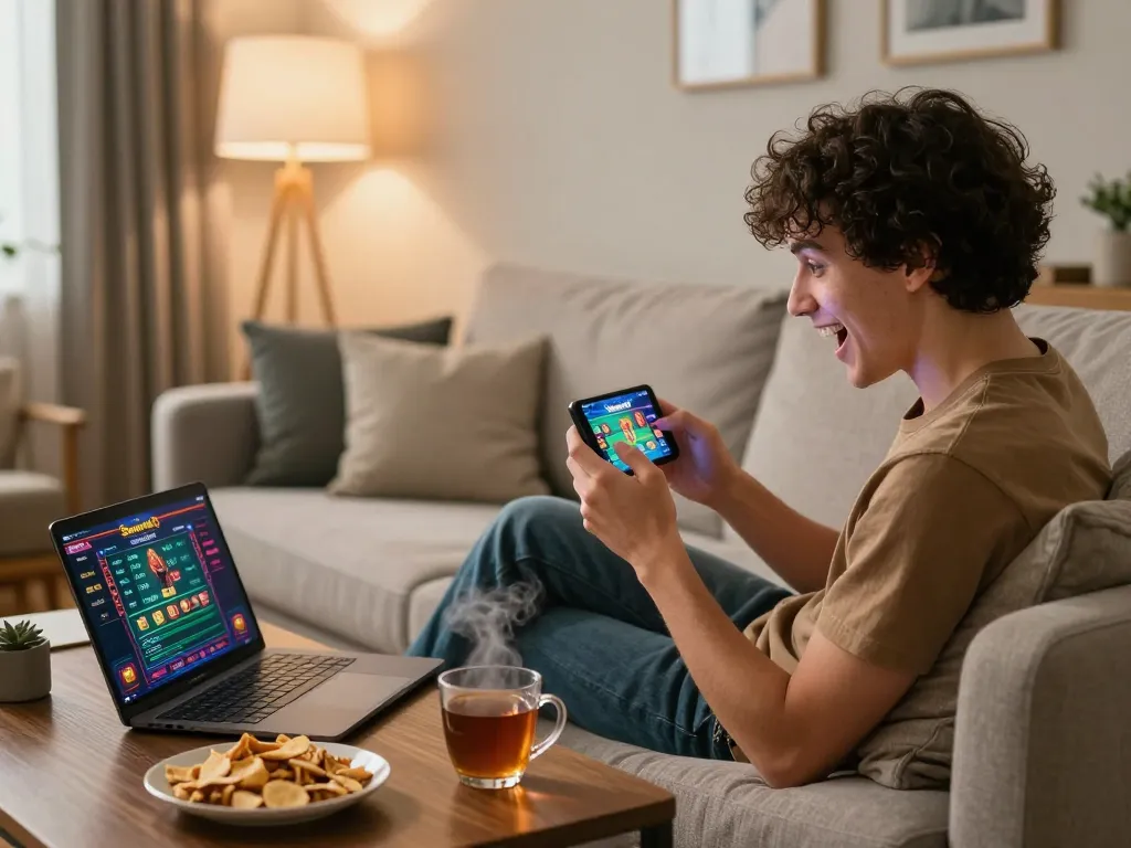 Player enjoying a thrilling moment on the Sunwin20 mobile app in cozy home setup