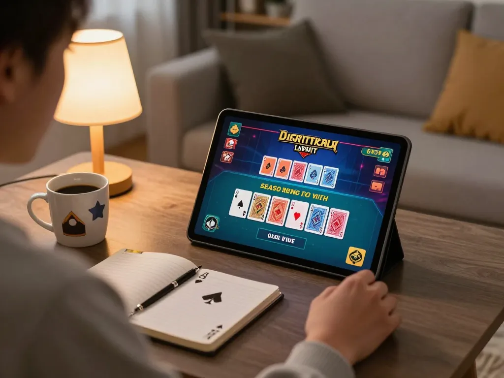 Player enjoying online casino gaming experience with 33win tablet gameplay, coffee, and notes