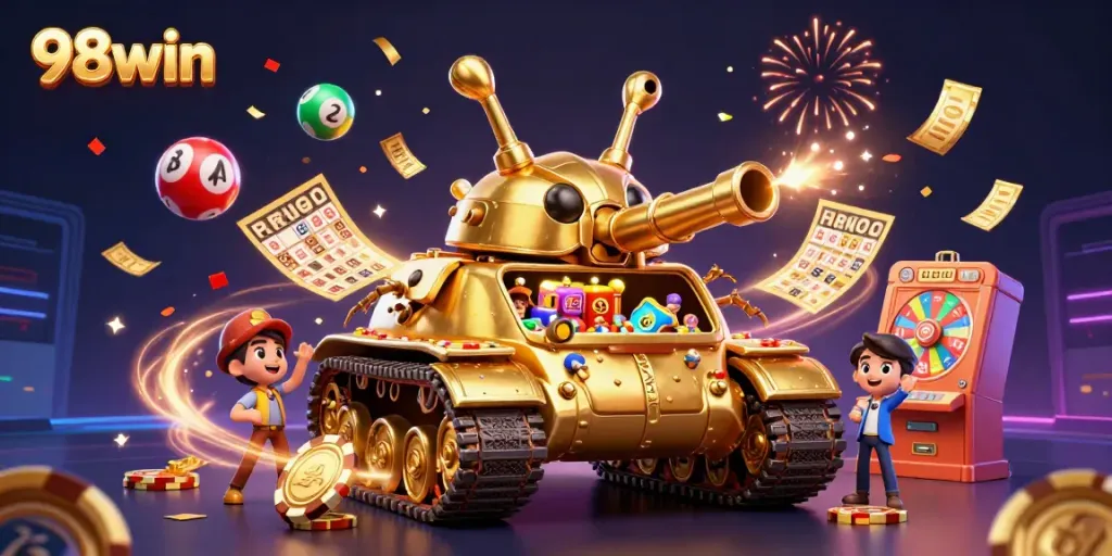 Experience the thrill of 98win with a dynamic casino scene featuring a golden beetle tank and celebratory elements.