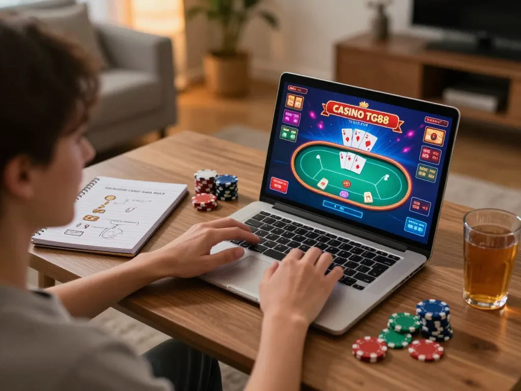 Playing Casino TG88 online with vibrant graphics on a laptop in a cozy home setting
