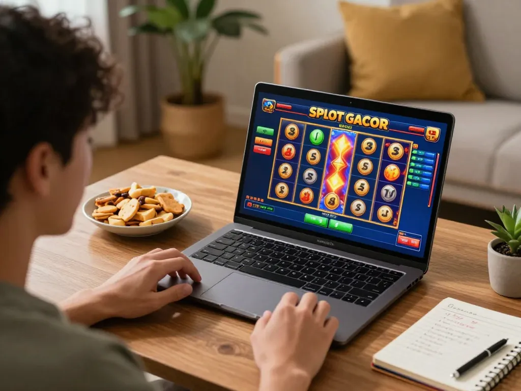 Engaged in Slot Gacor gameplay on a laptop, showcasing online gambling in a cozy setting.