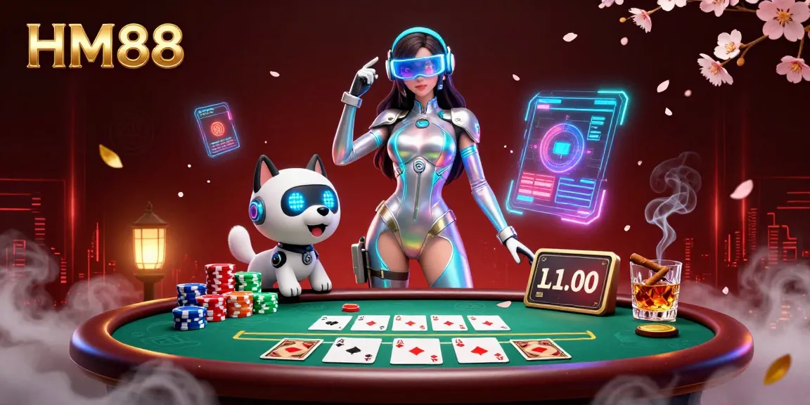 Engage in thrilling gameplay at HM88 with a vibrant casino scene featuring dynamic characters and poker elements.