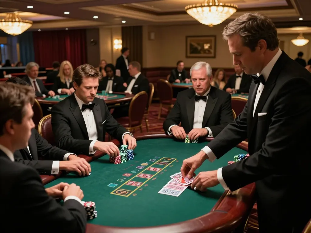 Experience the excitement at https://max88sss.com/ with an intense blackjack game, showcasing players and dealer in action.