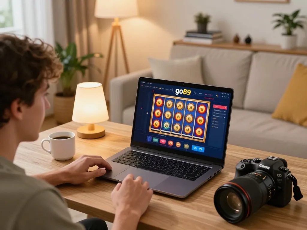 Engaged player enjoying online gameplay at go89 casino on a laptop in a cozy living room setting