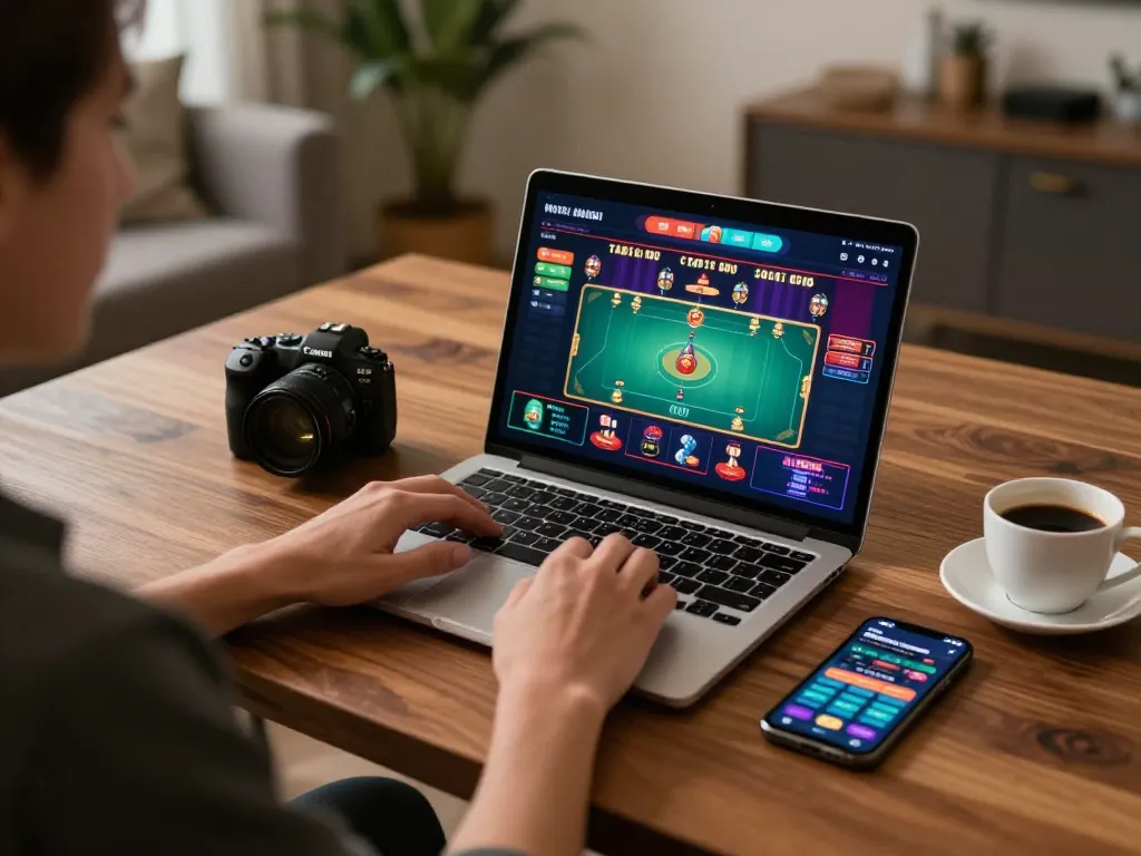 Engaging in online gaming with fly88 on sleek laptop, showcasing live dealer excitement.