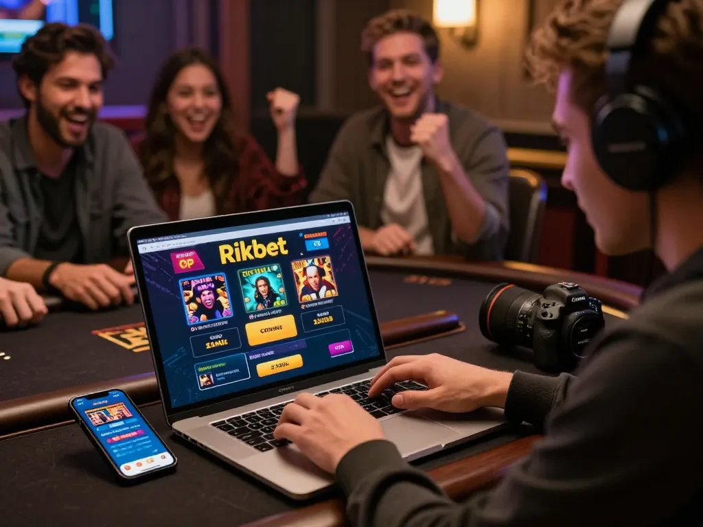 Exciting online gambling experience on Rikbet platform with friends cheering in cozy atmosphere.