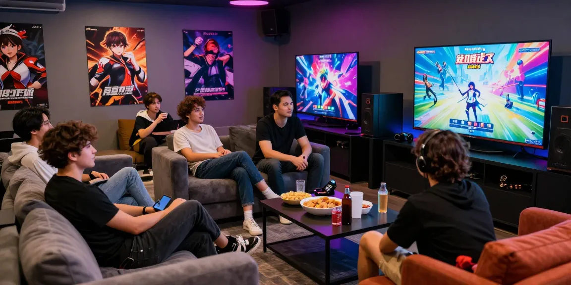 Engaged gamers enjoying hentai games html in a vibrant gaming lounge.