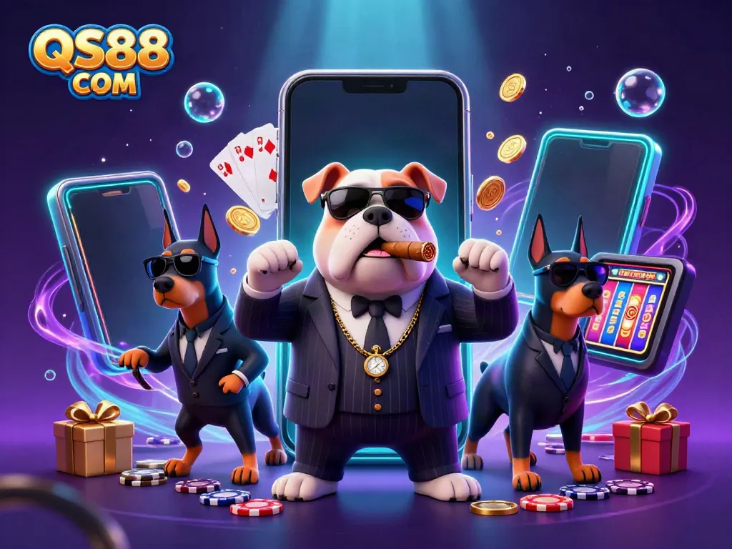 Experience thrilling gaming excitement with QS88 COM at this vibrant 3D digital casino scene.