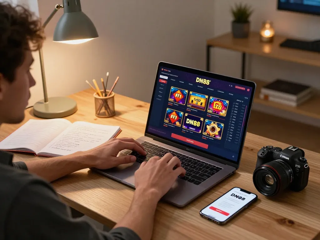 Engaging with DN88 casino games on a laptop, showcasing online gambling strategy in a cozy home.