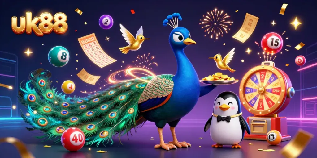 Engage in thrilling lottery activities at uk88, featuring vibrant scenes of peacocks and dynamic game elements.