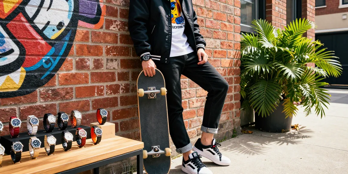 Showcasing a premium replica watches collection in a trendy urban setting.