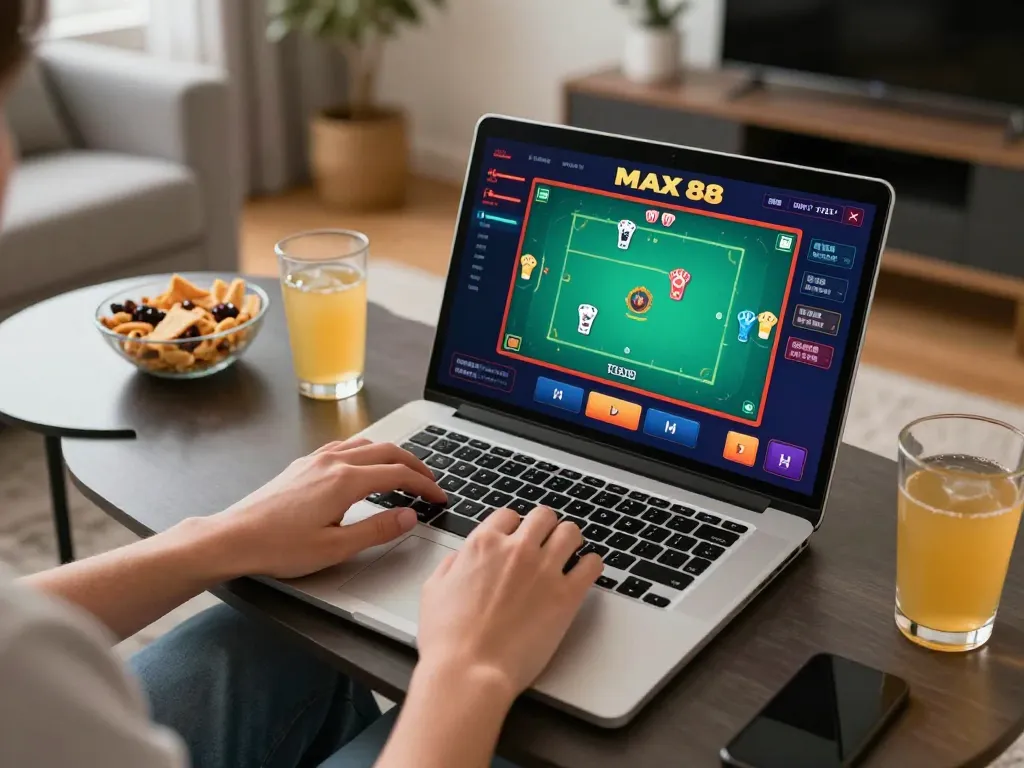 Engaging in online poker at Max 88 platform with an active game on laptop