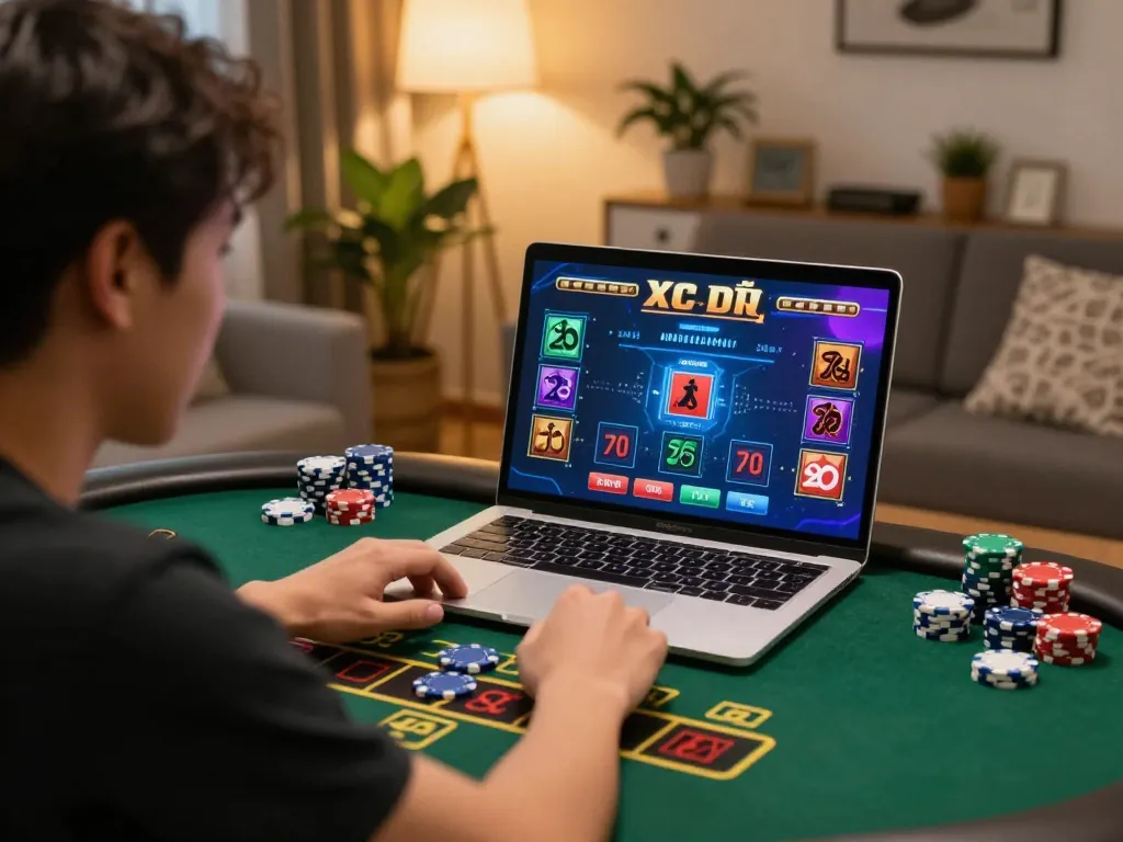Xóc đĩa online gaming session at home, showing a player strategizing with colorful chips.