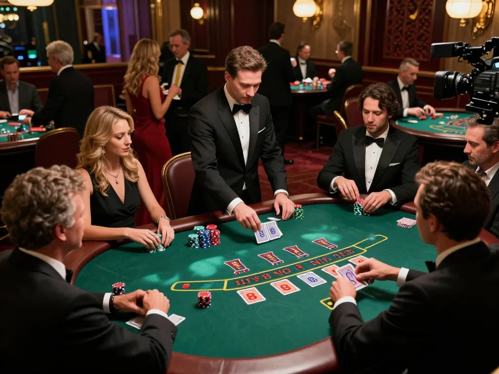 Players enjoying blackjack at a luxurious casino table while engaging with Ok9 strategies for winning