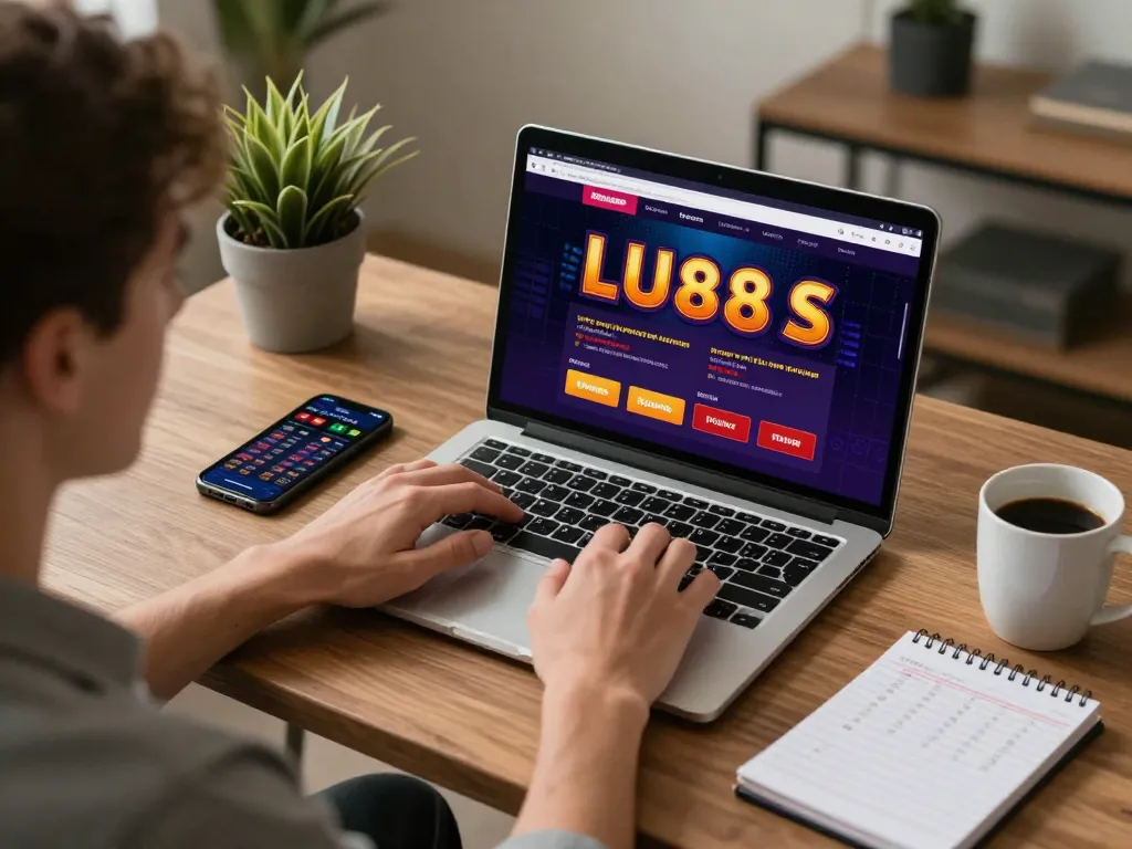Player engaging in LU88 online gaming at home with laptop showing casino interface.