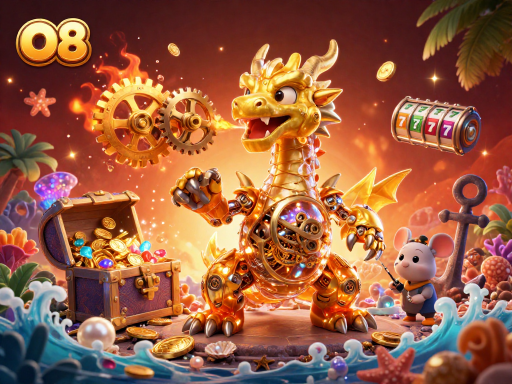 Experience the thrill of O8 gaming with a vibrant 3D dragon and slot reels.