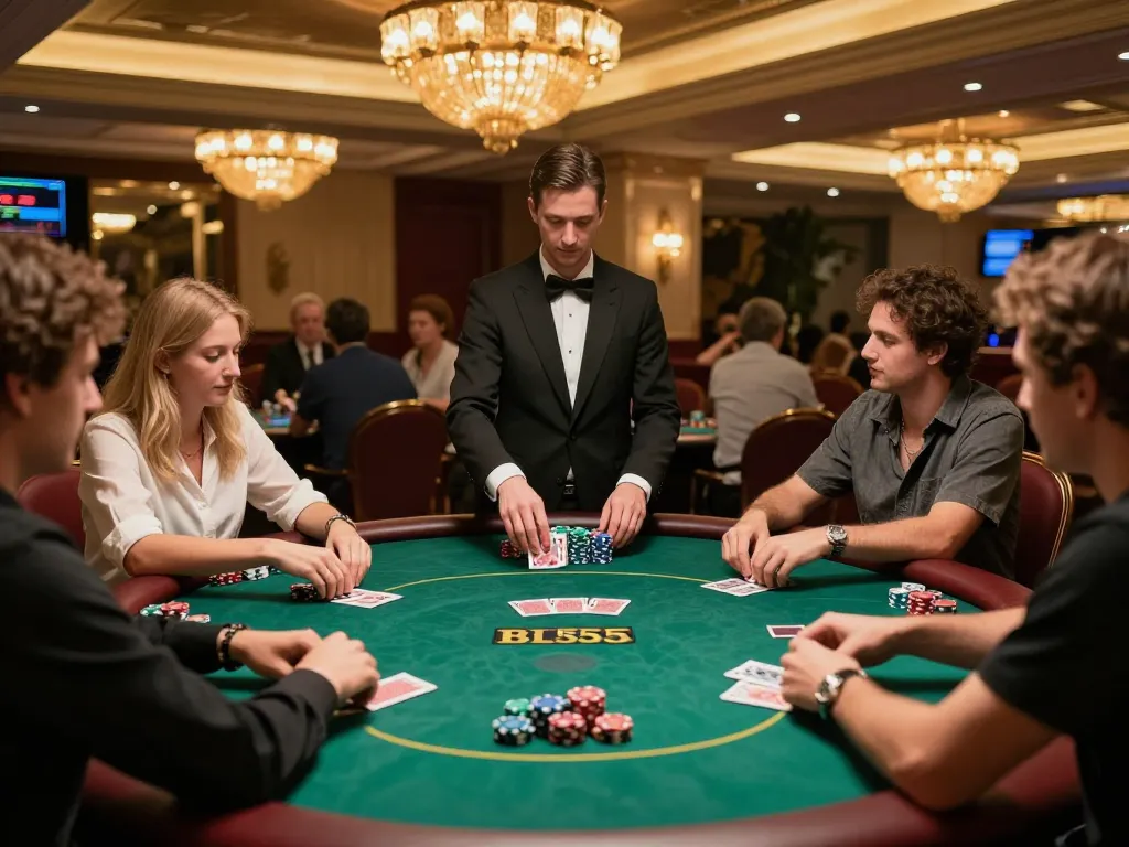 BL555 players strategize at a vibrant poker table under warm ambient lighting, enjoying the casino atmosphere.