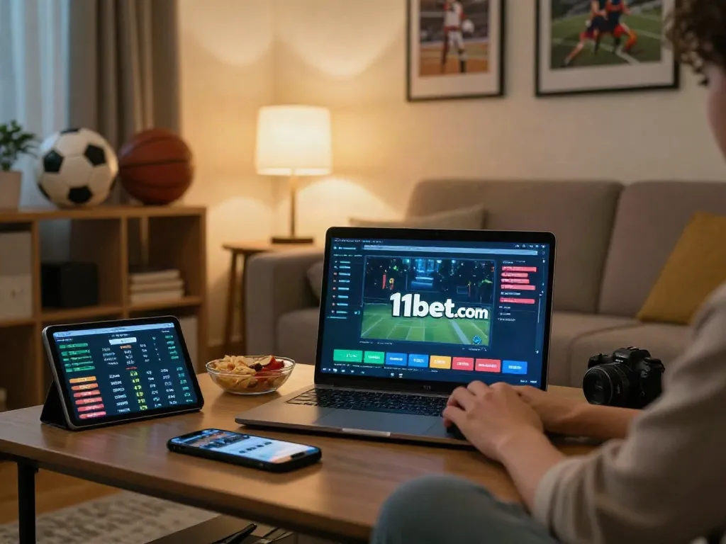 Individual enjoying the 11bet.com online betting experience in a cozy living space.