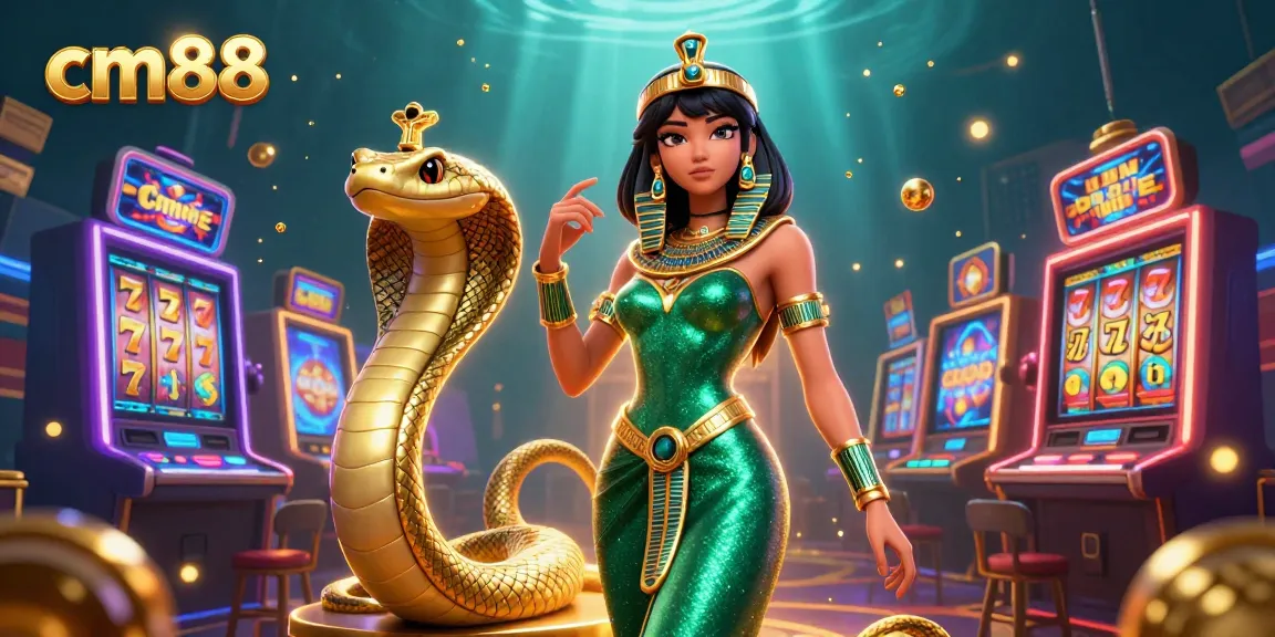 Spin the reels with cm88 in vibrant 3D casino artwork featuring dynamic slot machines and a golden cobra.