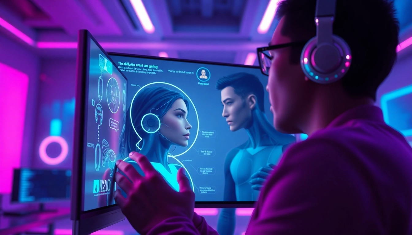Engaging scene of a user interacting with AI NSFW chatbots in a futuristic digital environment, showcasing intimacy and technology.
