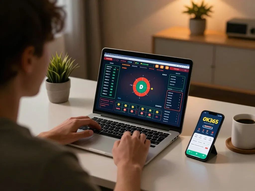Person placing bets on OK365 app while enjoying a cozy home atmosphere