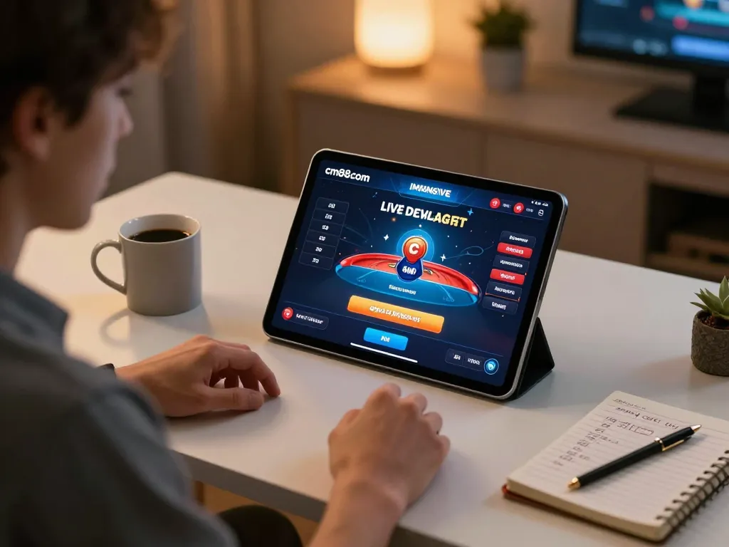 Experience live dealer gaming on cm88com in a modern home office setting