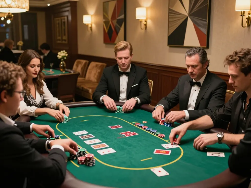 Players enjoying a high-stakes poker game at KUWIN casino, showcasing strategic gameplay and excitement