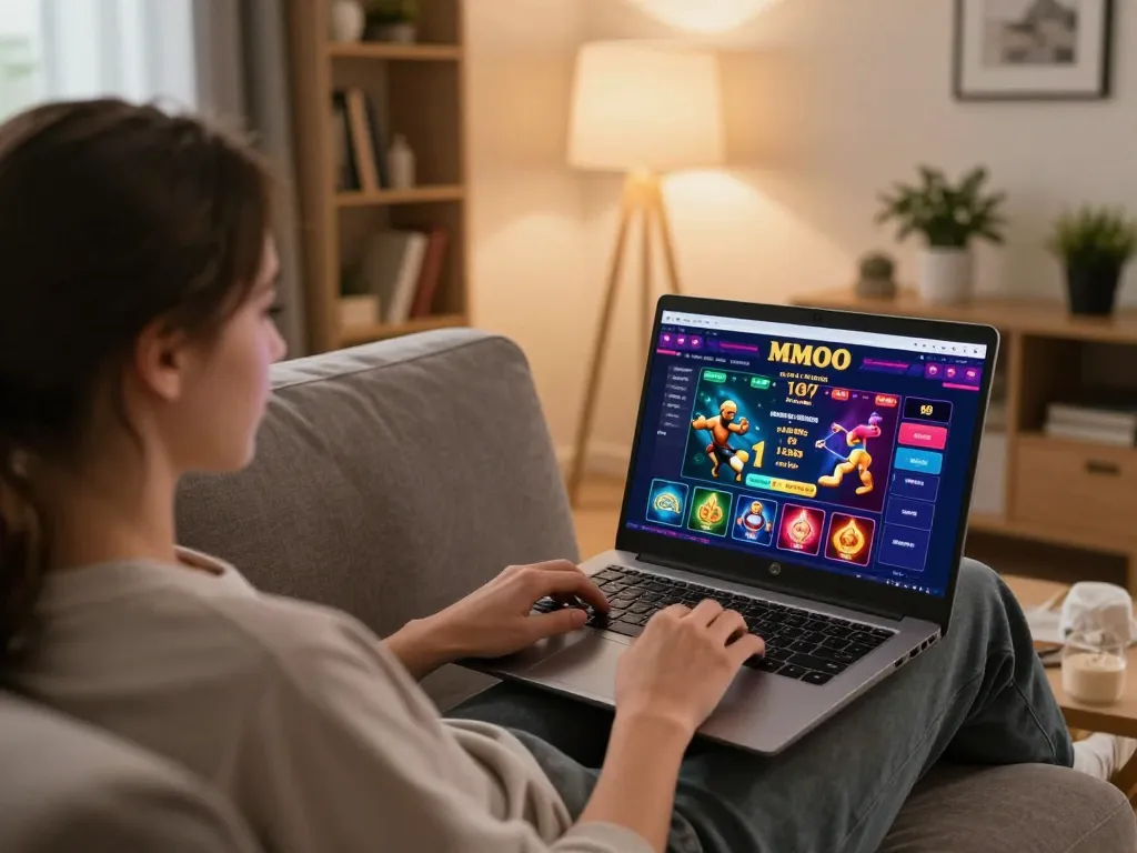 Engaging gameplay on MMOO online casino interface from home with warm atmosphere