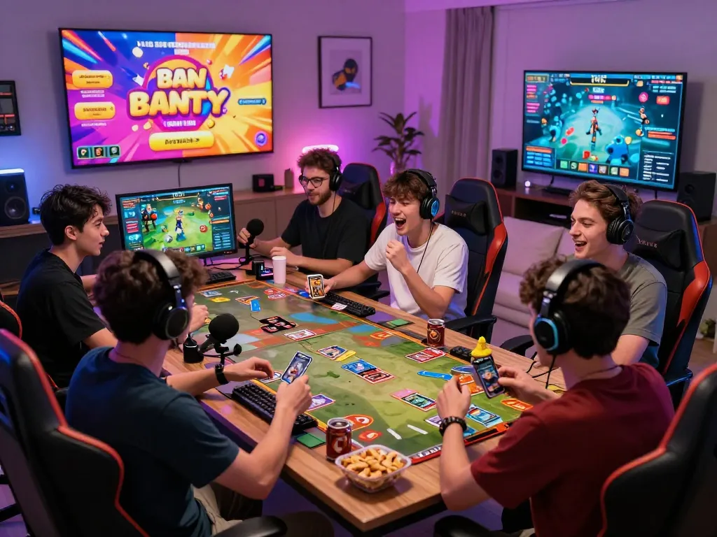 Exciting online gaming experience featuring rikvip with friends in a vibrant living room.