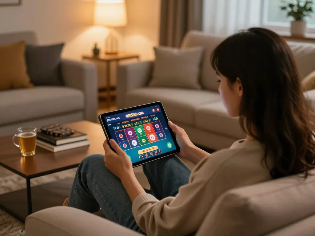 Person exploring open88.com for poker gameplay in a cozy home setting, showcasing online gaming.