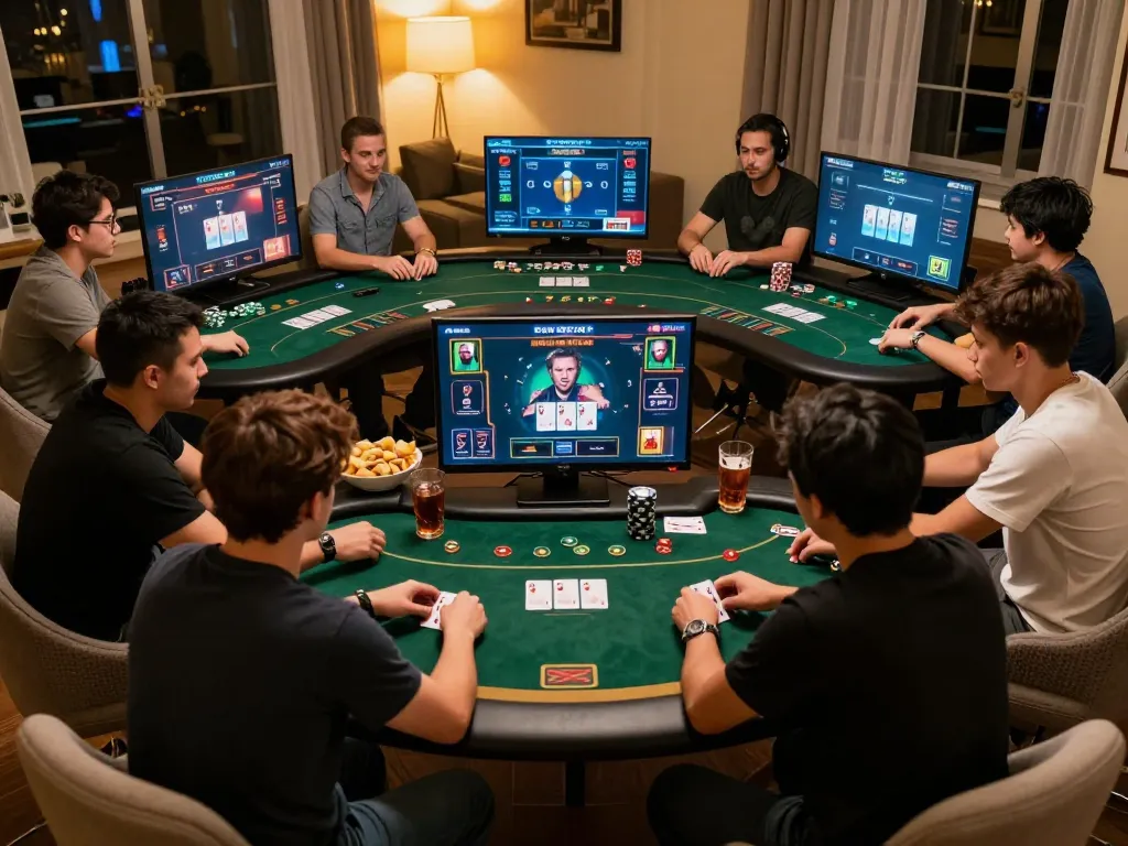 The dynamic online poker game showcases tỷ lệ kèo nhà cái in action with players strategizing and engaging, set in a cozy home environment.