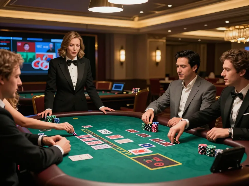 Engaged players at QH88go enjoying a live blackjack game in a luxurious casino setting.
