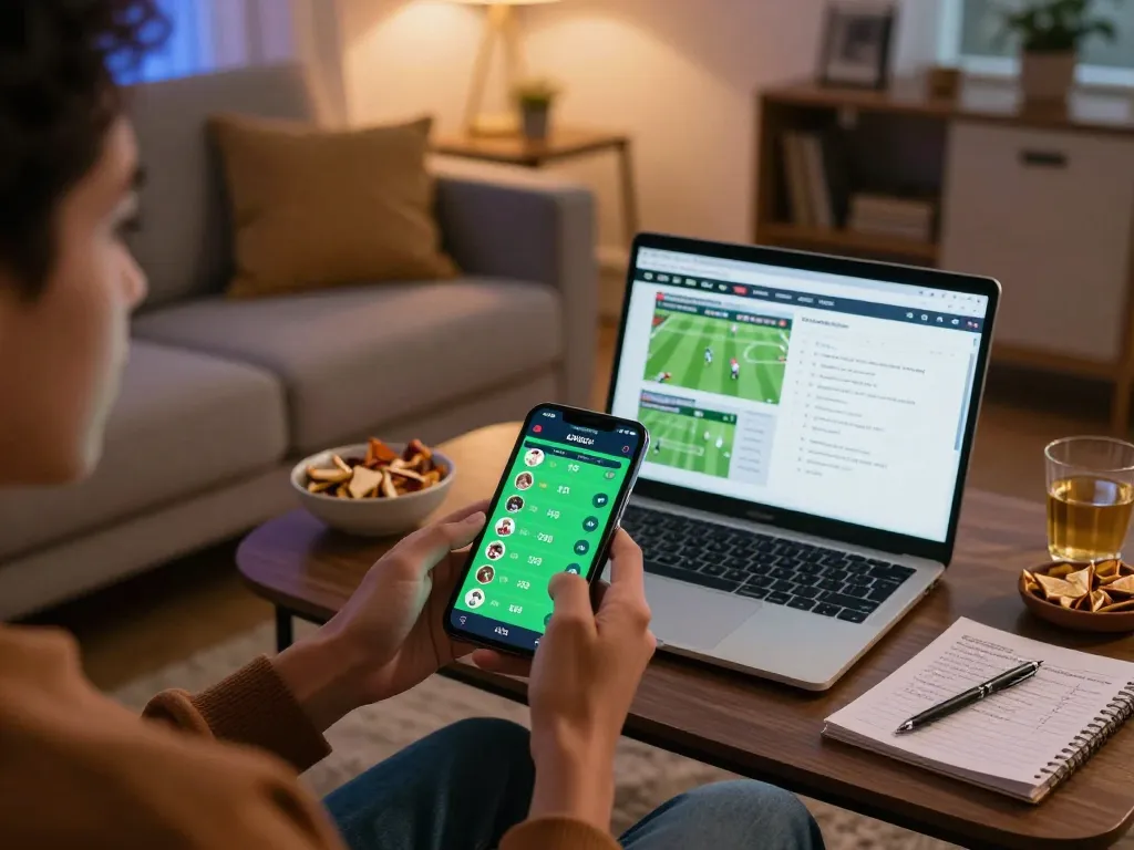 Player analyzing keobongda odds on mobile app while relaxing at home, showcasing modern online betting